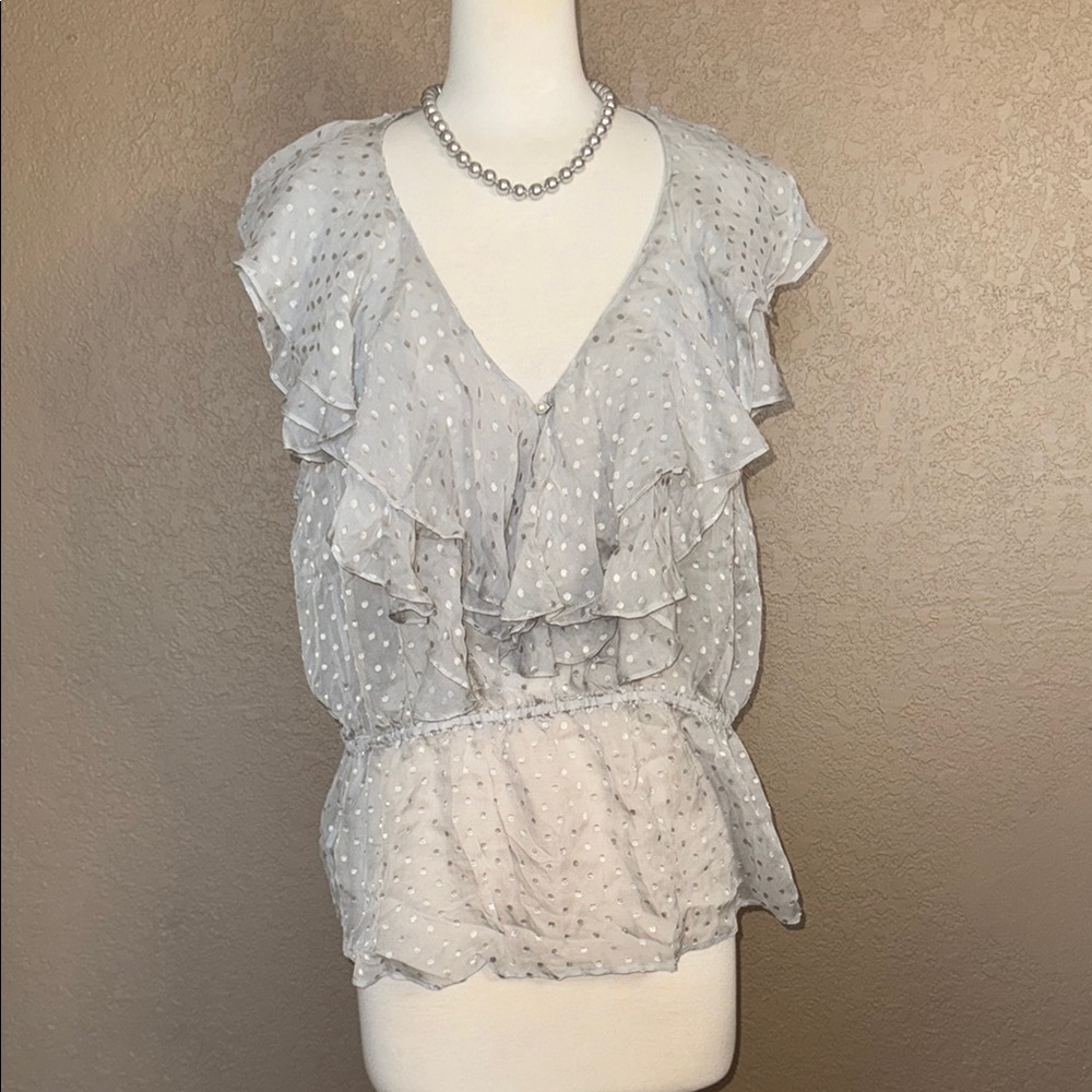 Anthropologie Light Gray Polka Dot Ruffle Blouse
